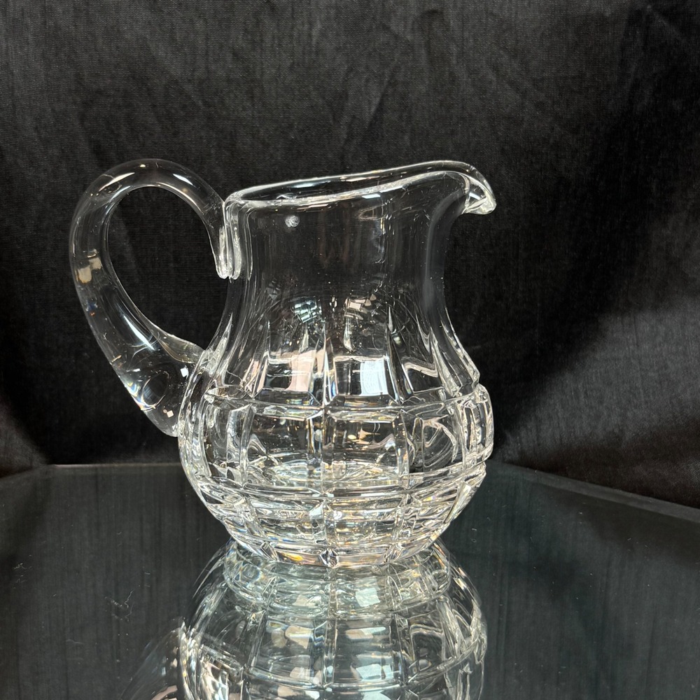Vintage Clear Cut Heavy Crystal Glass Pitcher Basket Weave Block Pattern 5.5"